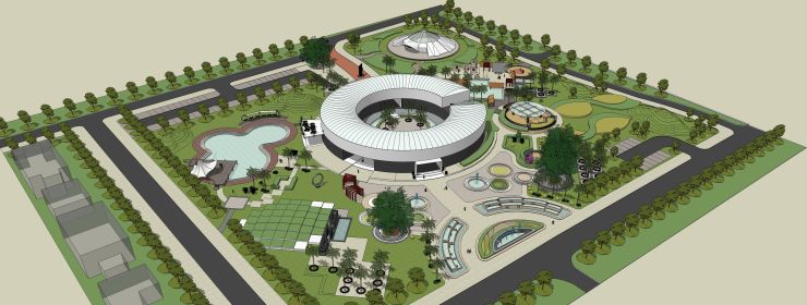畢業(yè)設計SU模型：文體中心建筑及周邊公園景觀設計方案