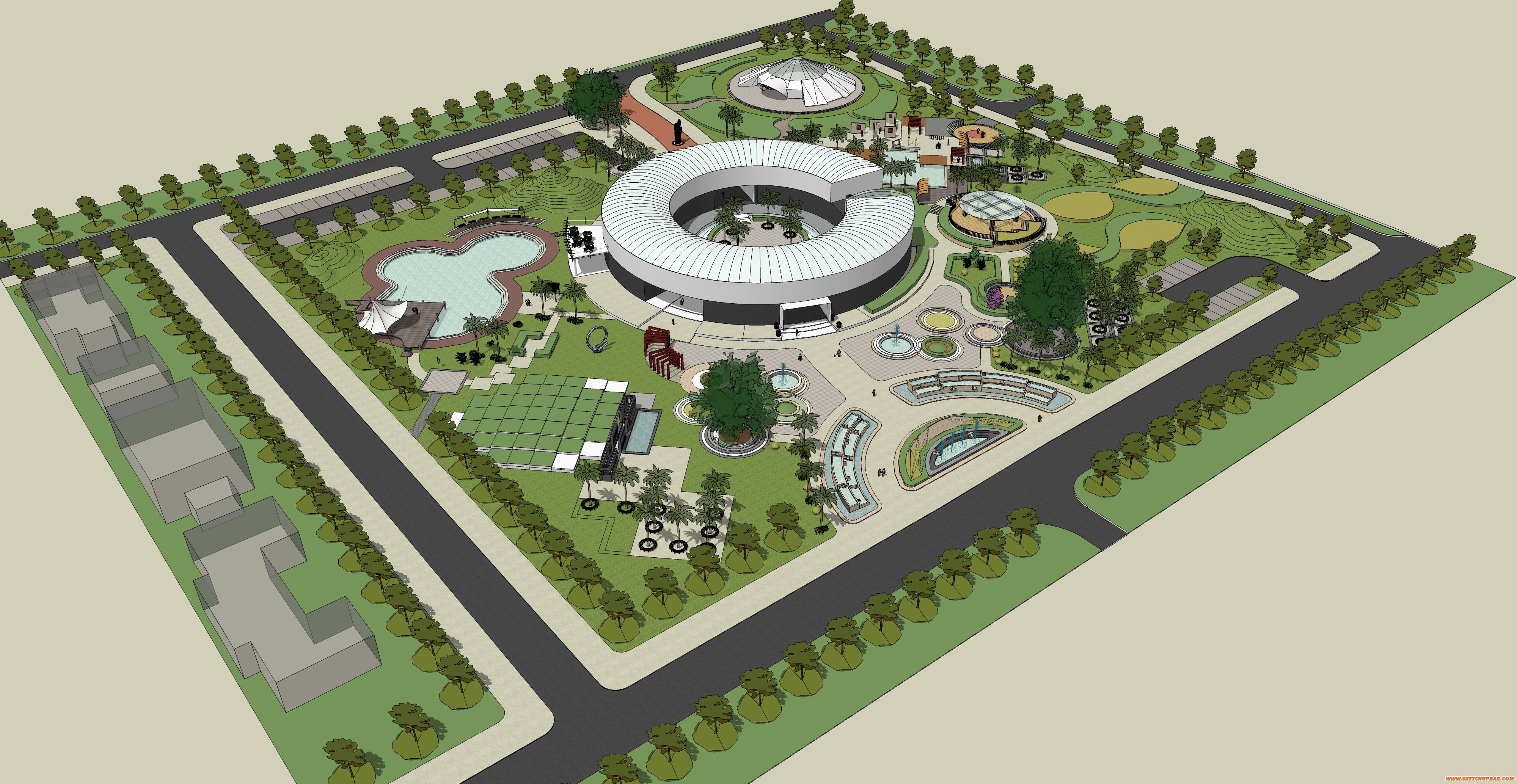 畢業(yè)設(shè)計(jì)SU模型：文體中心建筑及周邊公園景觀設(shè)計(jì)方案