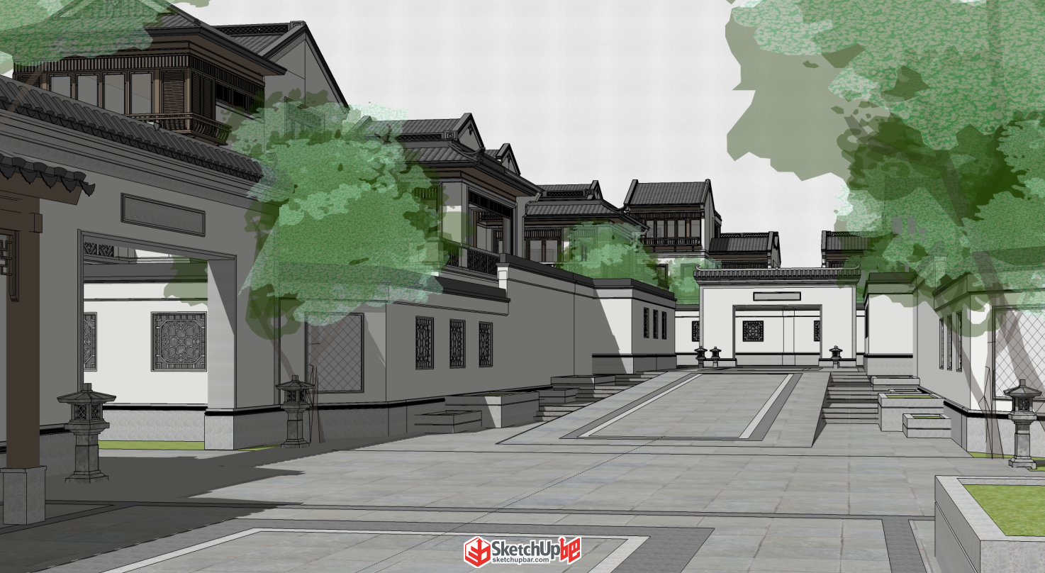 杭州綠城桃李春風(fēng)別墅中式街巷SU模型下載