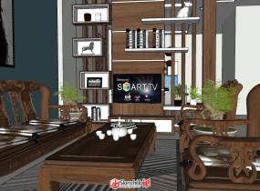 一個(gè)中式風(fēng)格的客廳SU模型-6