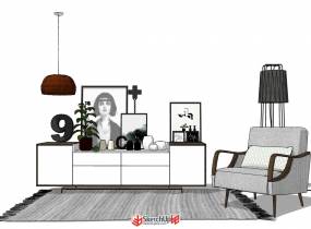 現(xiàn)代單椅邊柜組合家具模型-6