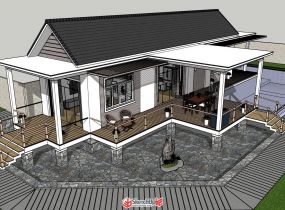一個(gè)完整的別墅建筑，帶水景庭院、室內(nèi)設(shè)計(jì)-6