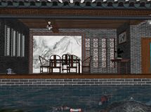 一個(gè)私人住宅別墅的古典中式茶室及流水墻魚(yú)池景觀-9
