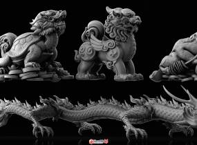 中國瑞獸石雕精細模型，含飛龍、玄武、麒麟、金蟾-3